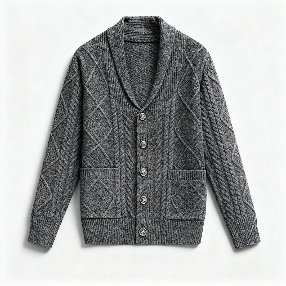 Archie | Men's Cable-Knit Wool Cardigan Shawl-Collar Button-Up Jumper