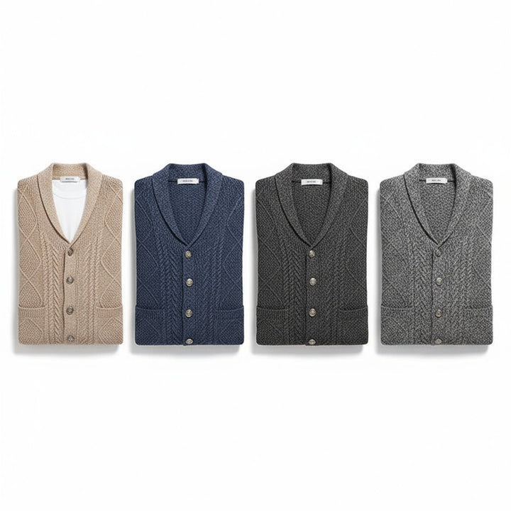Archie | Men's Cable-Knit Wool Cardigan Shawl-Collar Button-Up Jumper