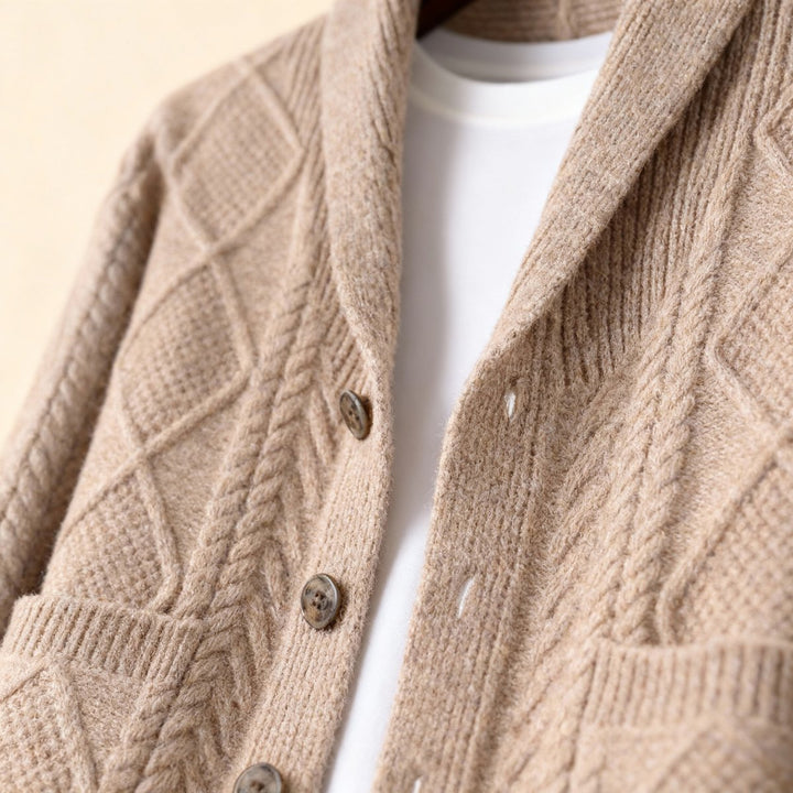 Archie | Men's Cable-Knit Wool Cardigan Shawl-Collar Button-Up Jumper