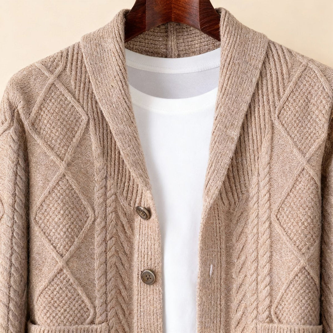 Archie | Men's Cable-Knit Wool Cardigan Shawl-Collar Button-Up Jumper