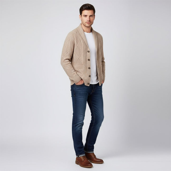 Archie | Men's Cable-Knit Wool Cardigan Shawl-Collar Button-Up Jumper