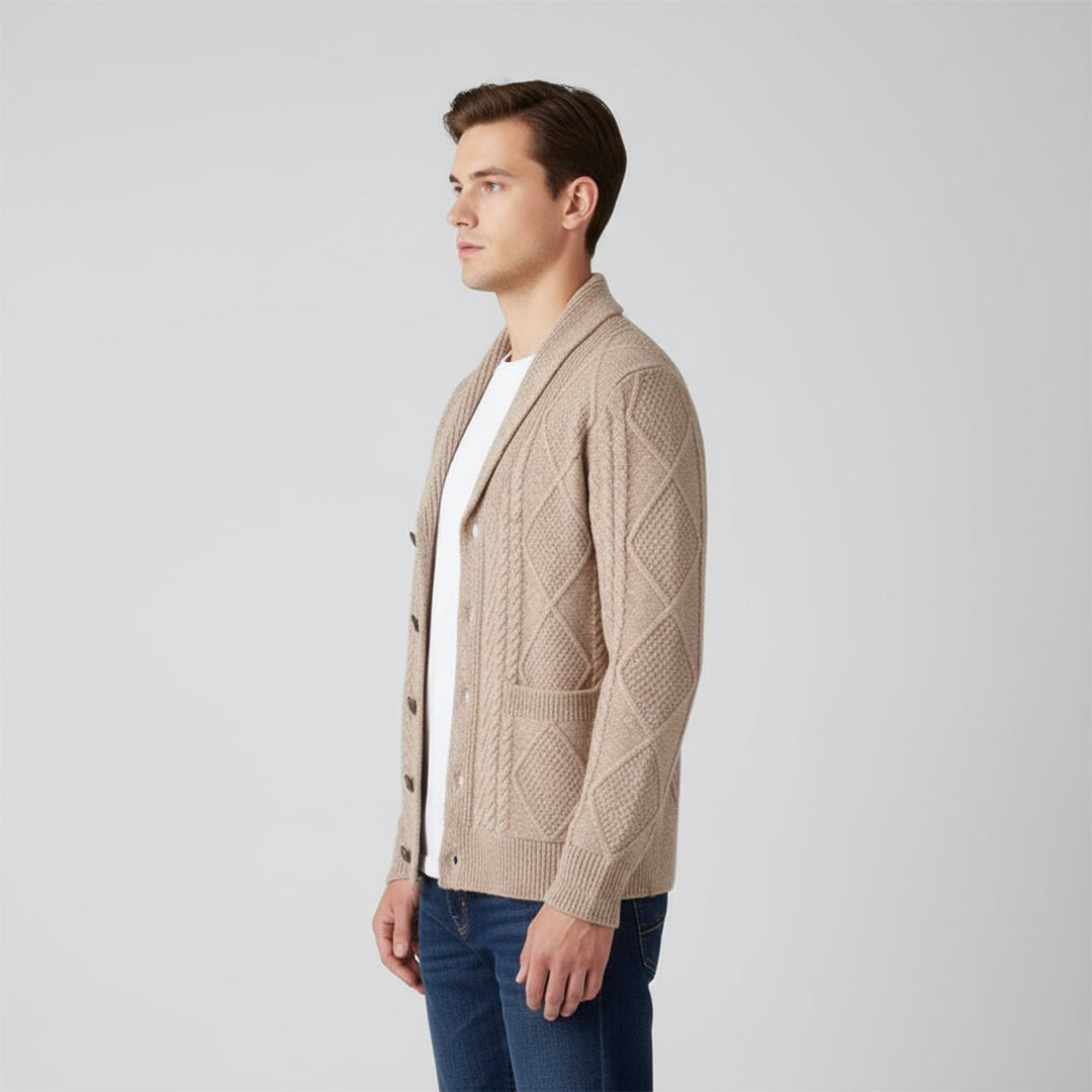 Archie | Men's Cable-Knit Wool Cardigan Shawl-Collar Button-Up Jumper