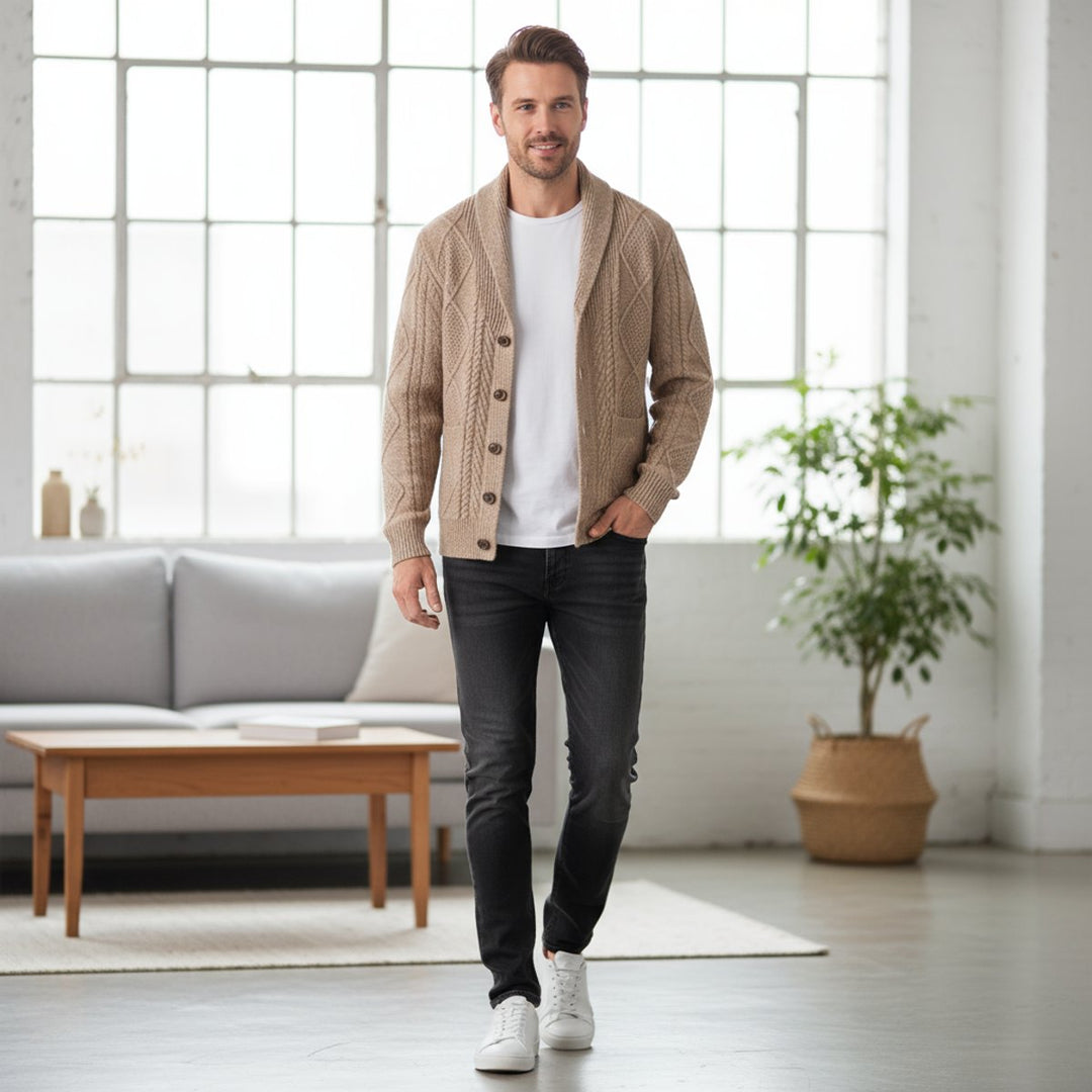 Archie | Men's Cable-Knit Wool Cardigan Shawl-Collar Button-Up Jumper