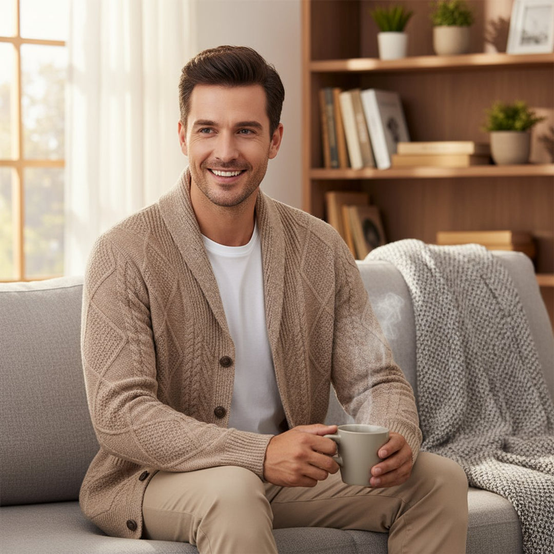 Archie | Men's Cable-Knit Wool Cardigan Shawl-Collar Button-Up Jumper