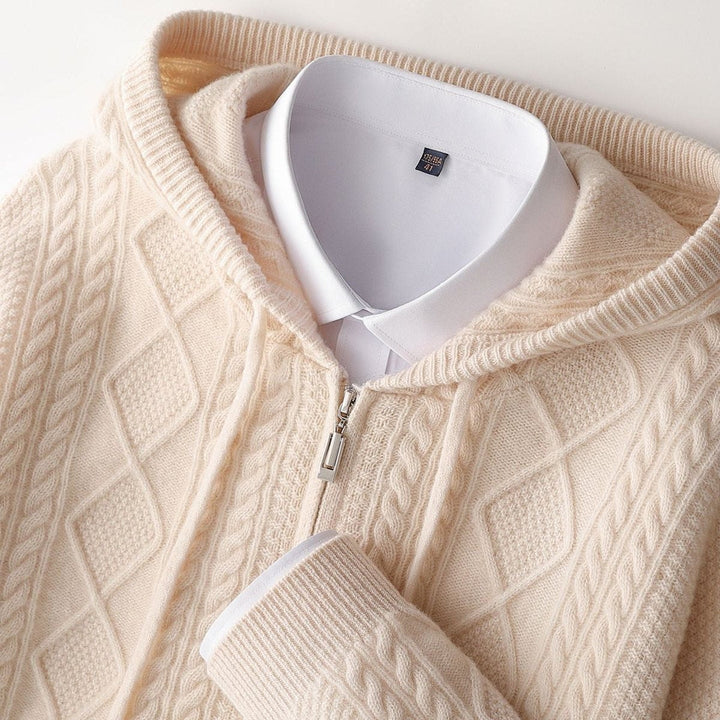 Oliver | Men's Cable-Knit Cashmere Zip Hoodie Relaxed Fit Drawstring Hood