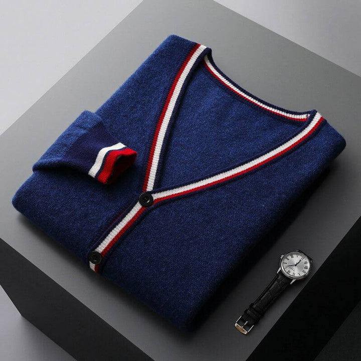 Edward | Mens Cardigan Fine-Knit Wool Blend V-Neck Striped Trim Jumper
