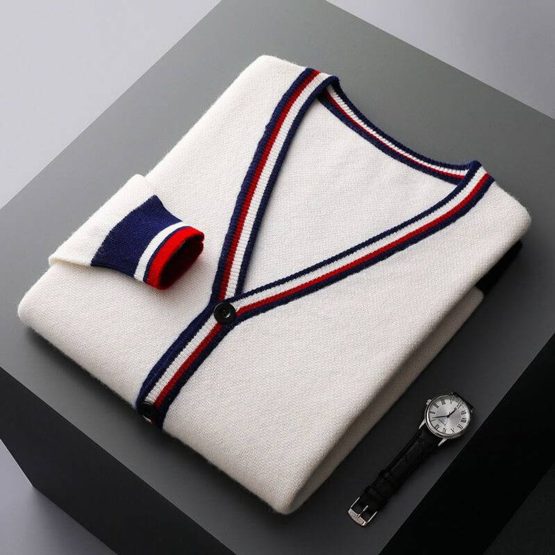 Edward | Mens Cardigan Fine-Knit Wool Blend V-Neck Striped Trim Jumper