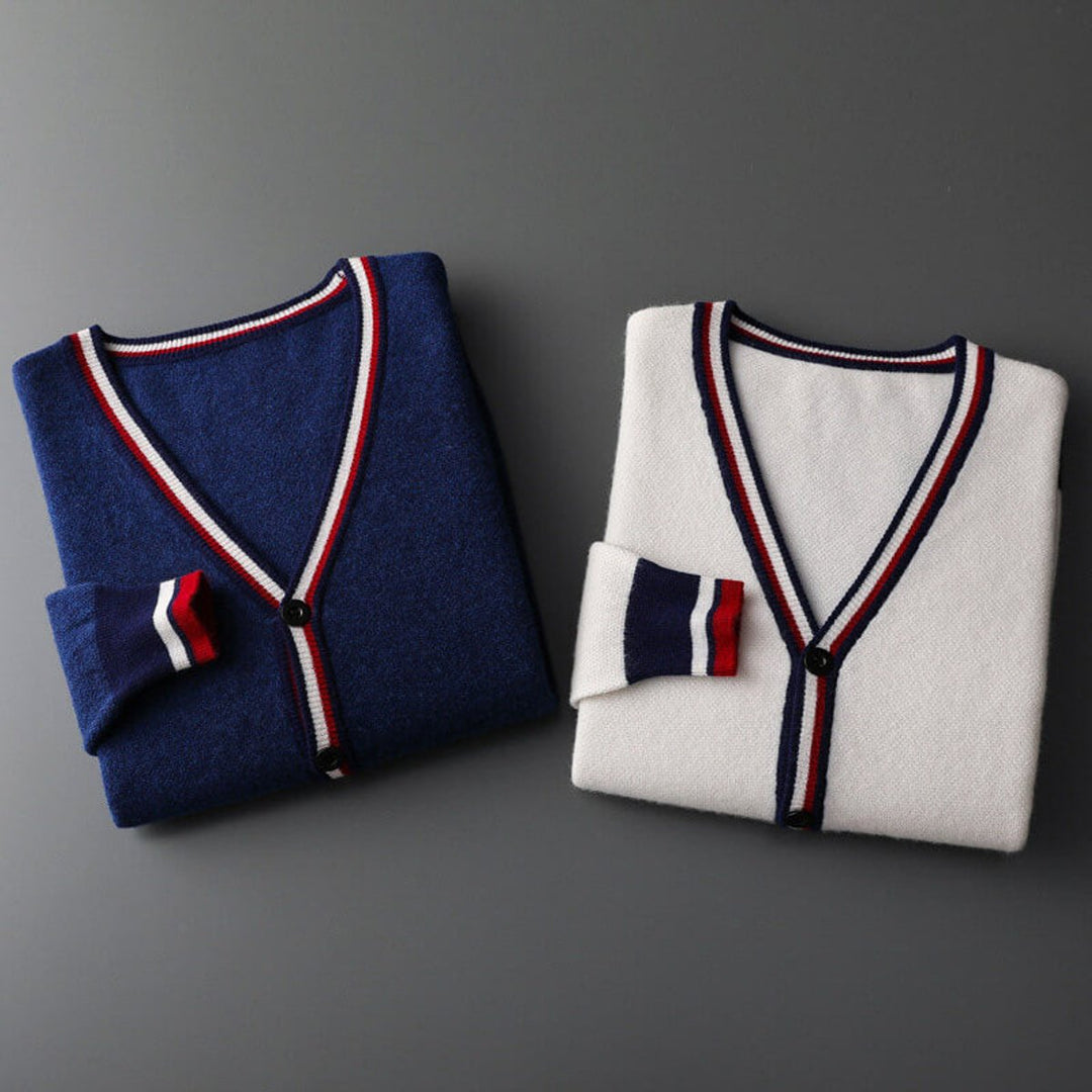 Edward | Mens Cardigan Fine-Knit Wool Blend V-Neck Striped Trim Jumper