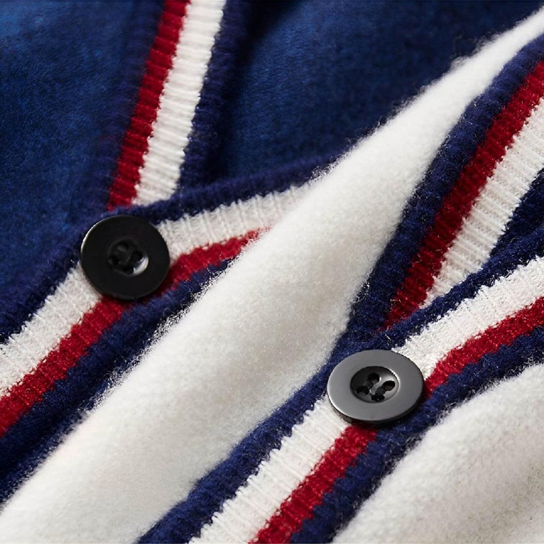 Edward | Mens Cardigan Fine-Knit Wool Blend V-Neck Striped Trim Jumper