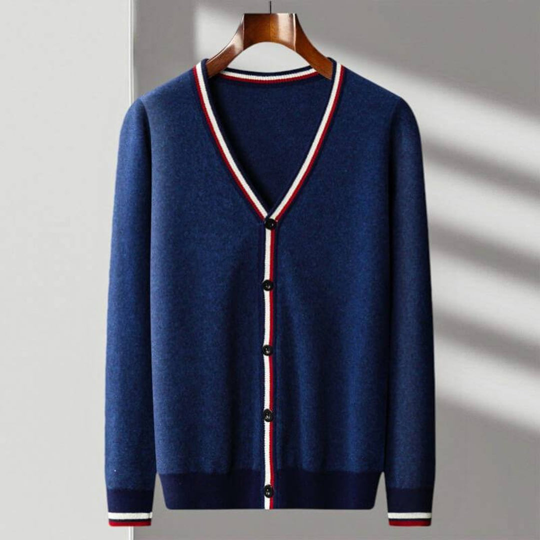 Edward | Mens Cardigan Fine-Knit Wool Blend V-Neck Striped Trim Jumper