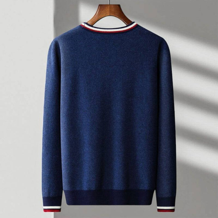 Edward | Mens Cardigan Fine-Knit Wool Blend V-Neck Striped Trim Jumper