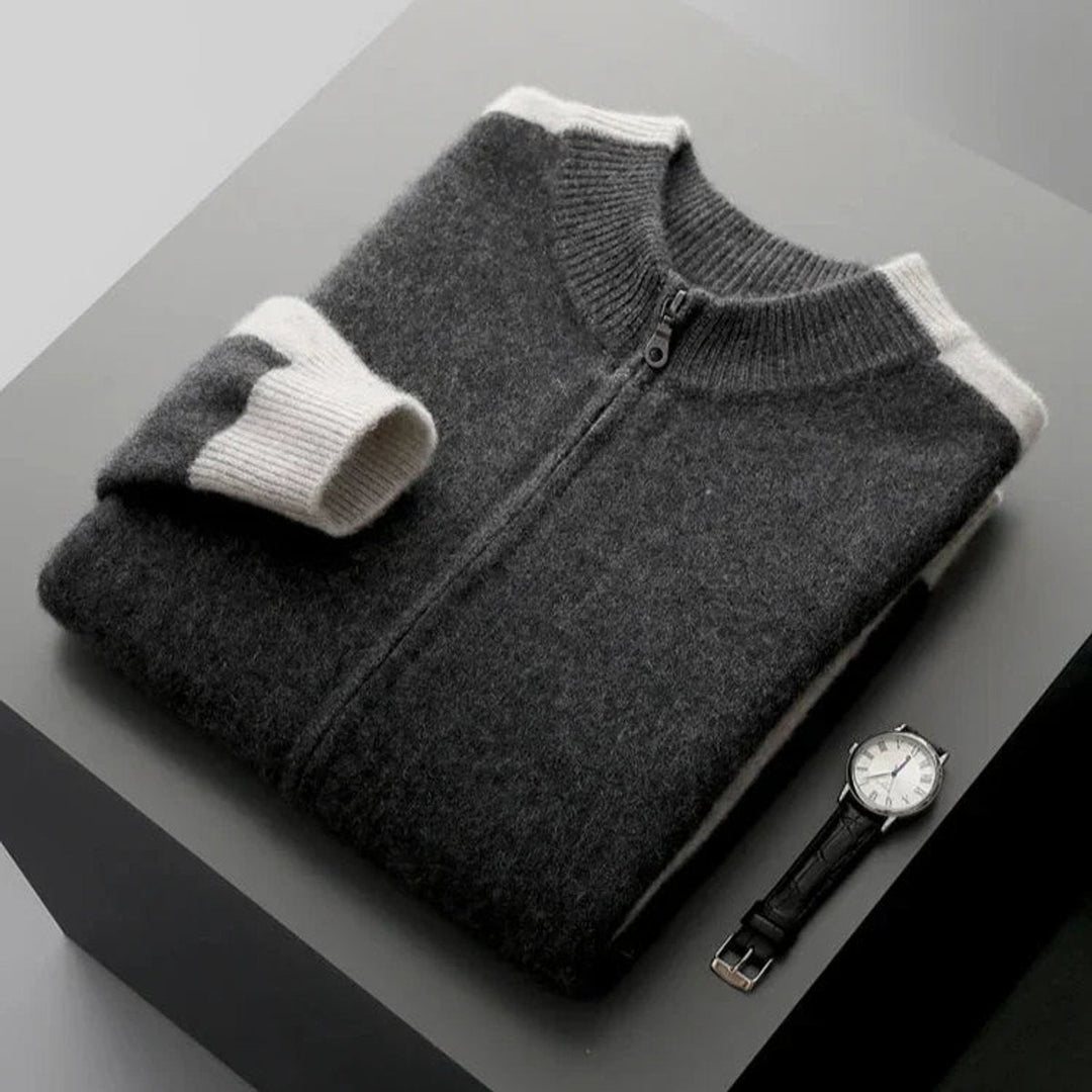 George | Men's Cashmere Zip Cardigan Contrast Ribbed Knitwear Jumper