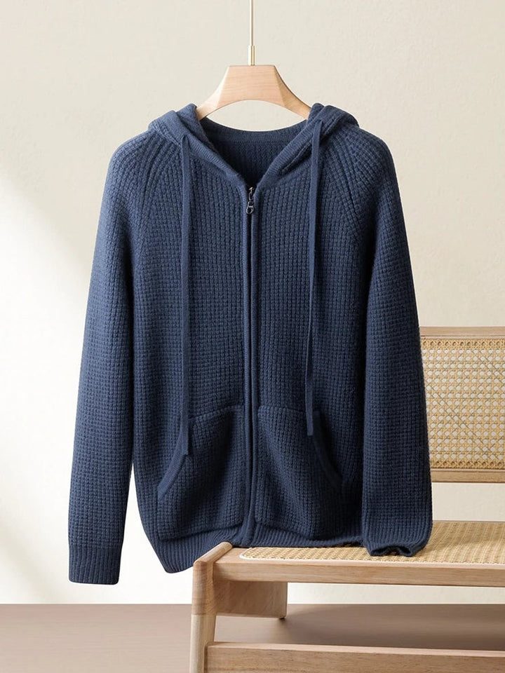 Theo | Men's Waffle-Knit Cashmere Zip Hoodie Drawstring Hood Patch Pockets