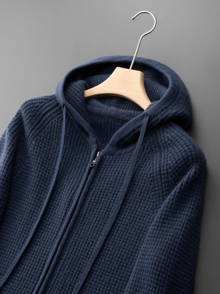 Theo | Men's Waffle-Knit Cashmere Zip Hoodie Drawstring Hood Patch Pockets