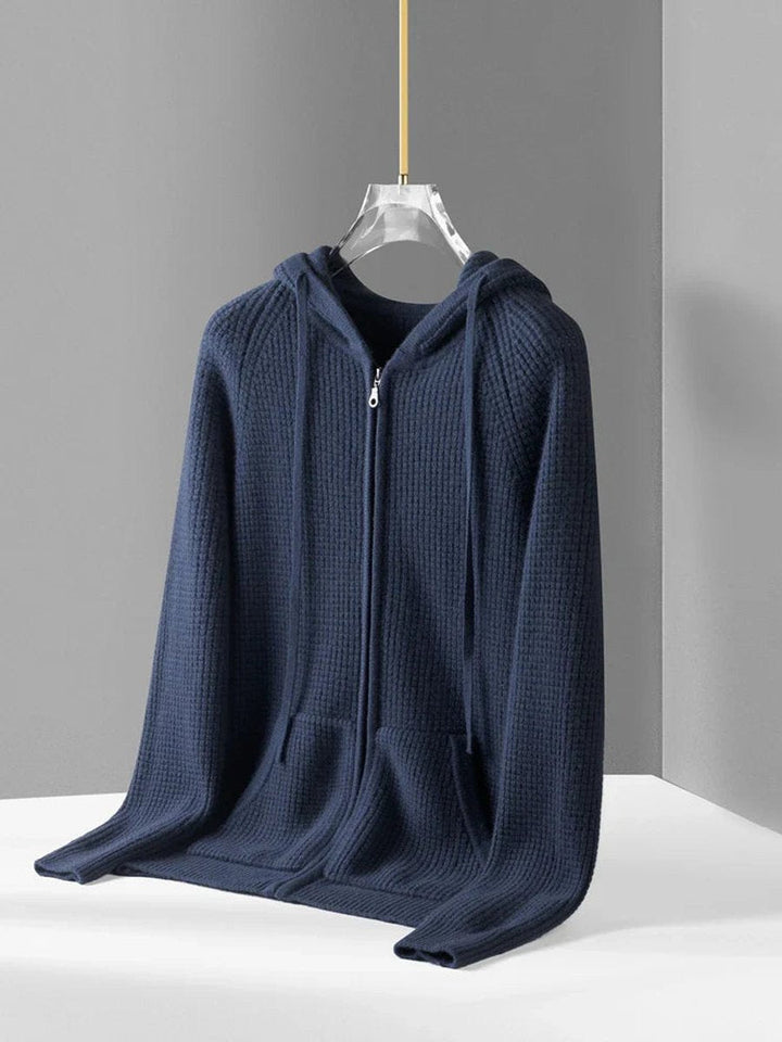 Theo | Men's Waffle-Knit Cashmere Zip Hoodie Drawstring Hood Patch Pockets