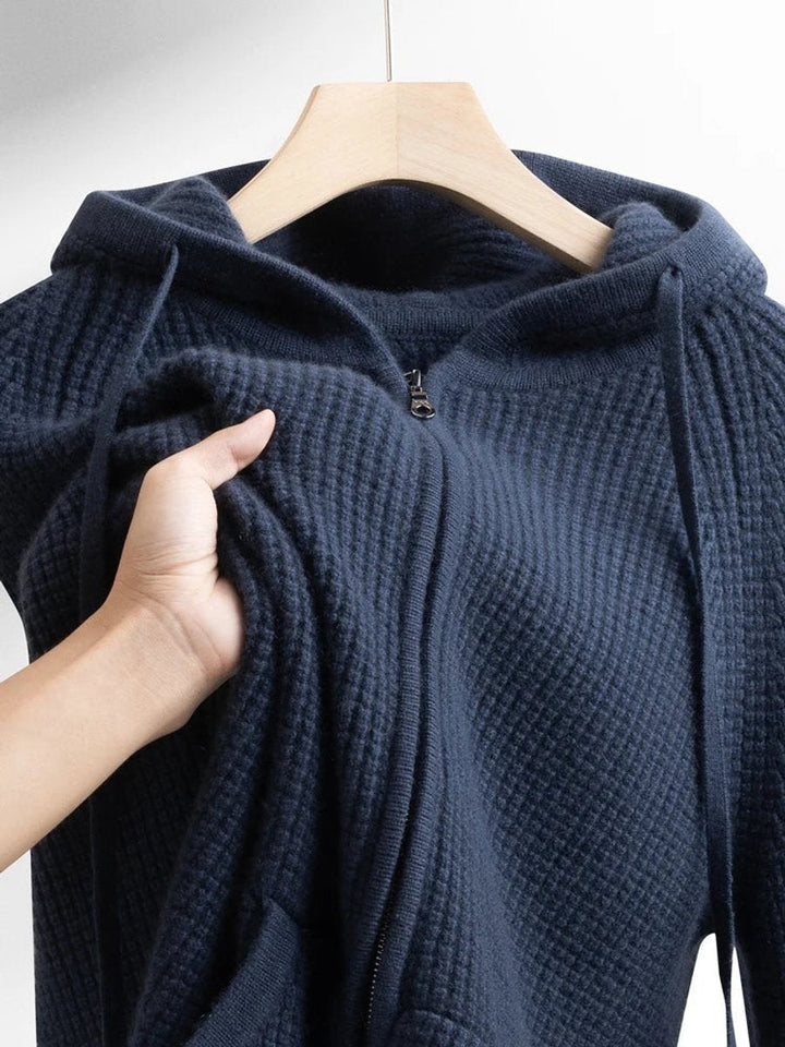 Theo | Men's Waffle-Knit Cashmere Zip Hoodie Drawstring Hood Patch Pockets