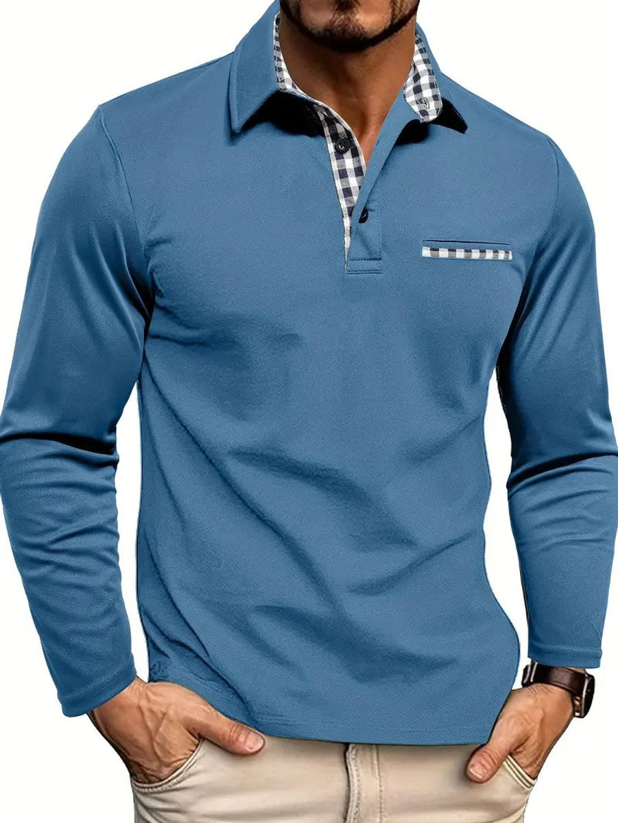 Henry | Men's Long-Sleeve Polo Shirt Gingham Check Collar Trim