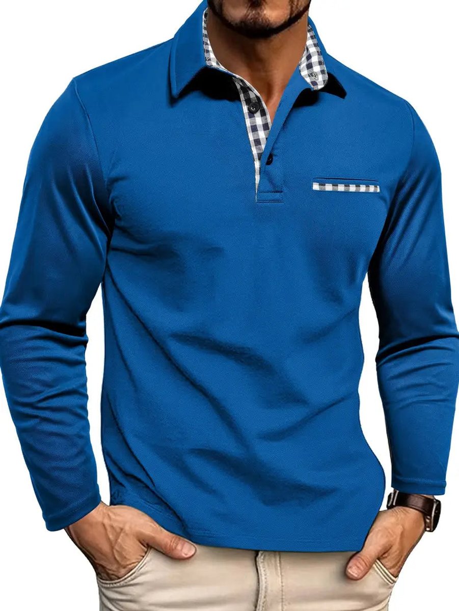 Henry | Men's Long-Sleeve Polo Shirt Gingham Check Collar Trim