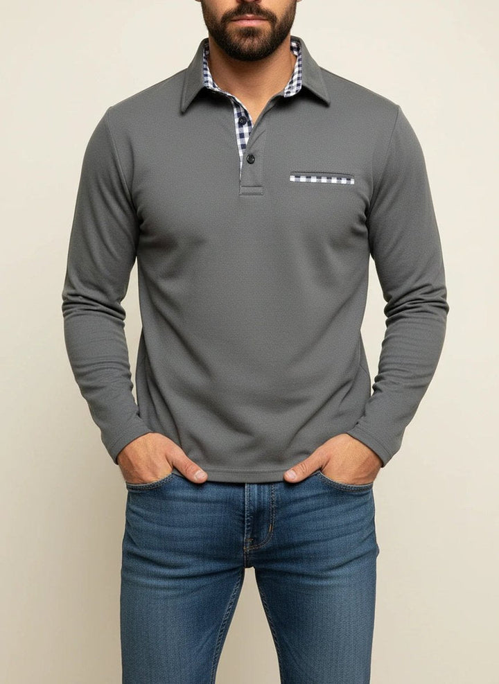 Harry | Men's Long Sleeve Henley Polo Shirt Check Trim Pocket
