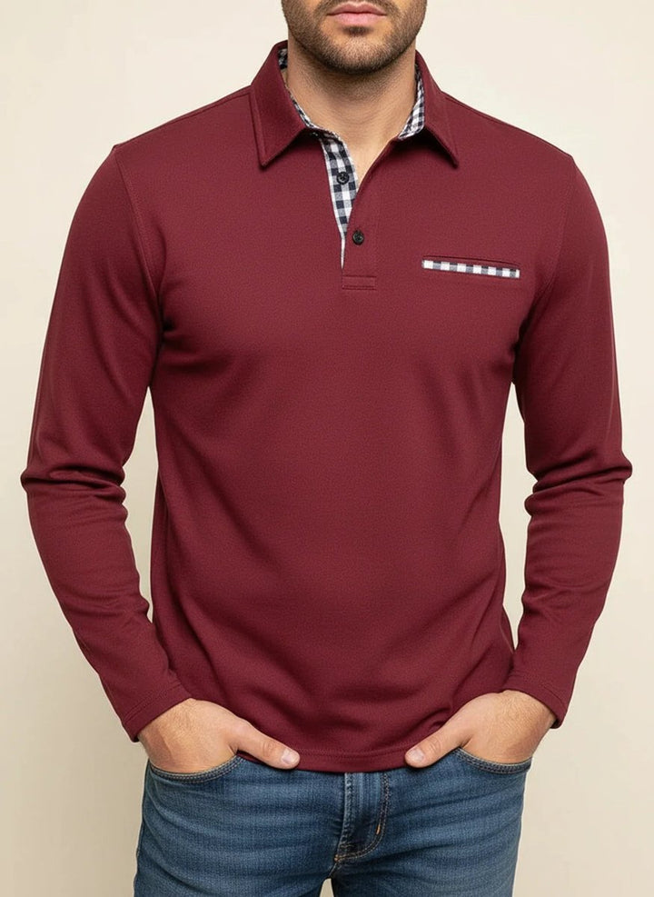 Harry | Men's Long Sleeve Henley Polo Shirt Check Trim Pocket