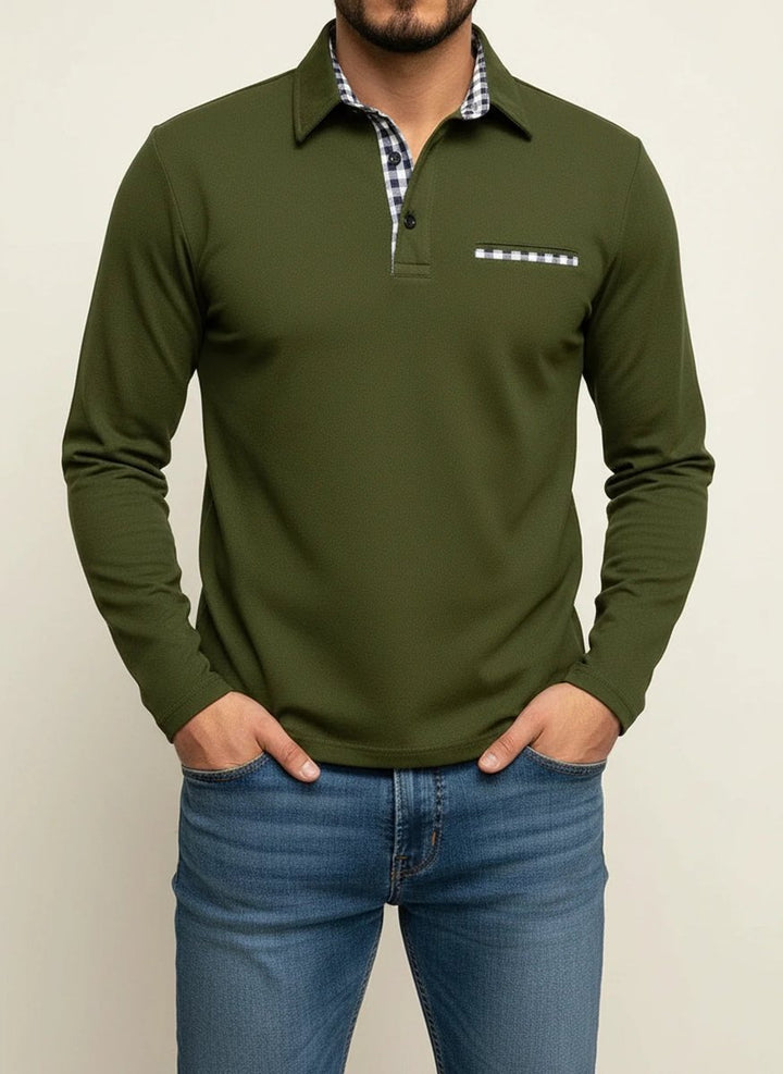 Harry | Men's Long Sleeve Henley Polo Shirt Check Trim Pocket