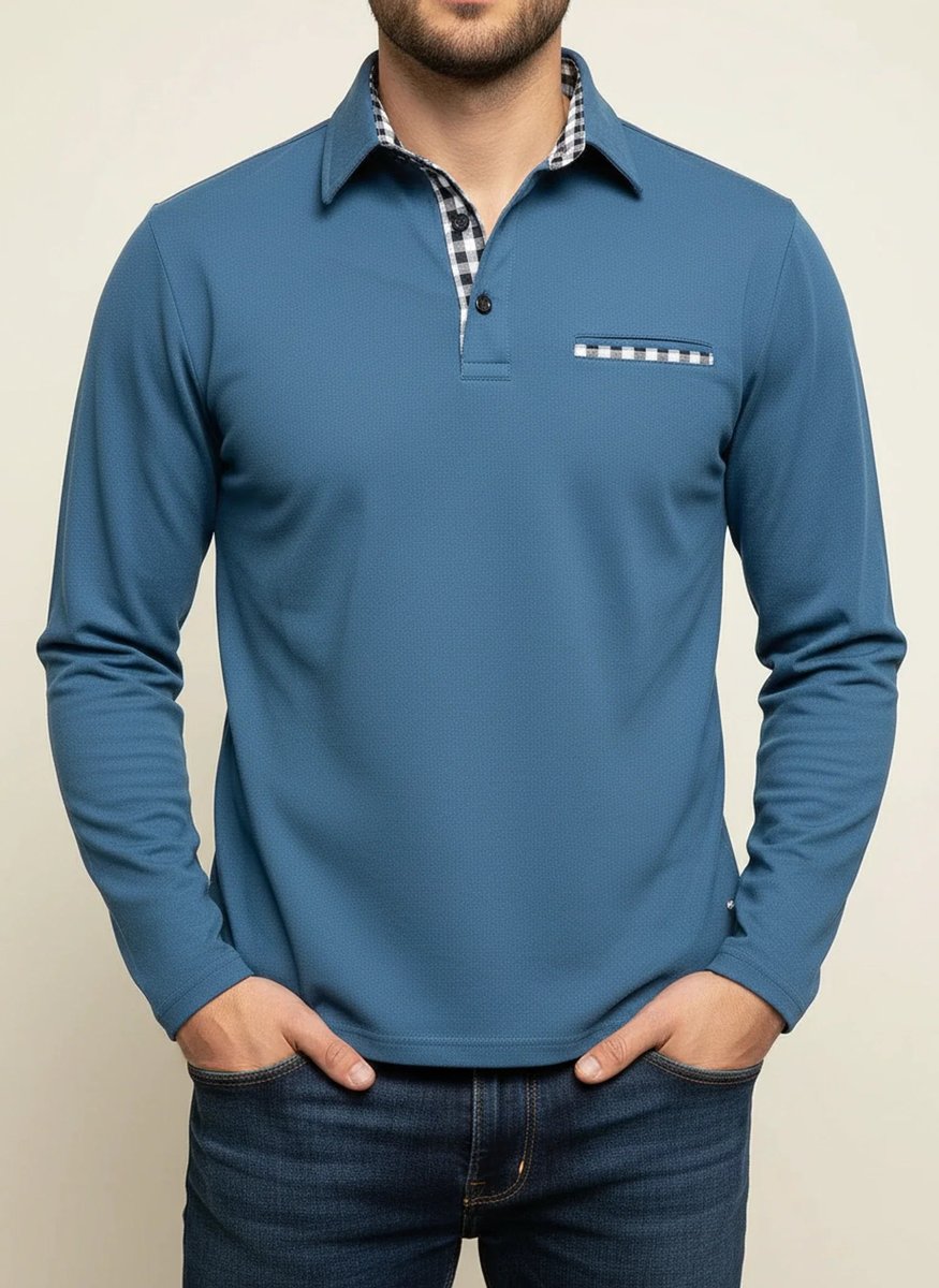 Harry | Men's Long Sleeve Henley Polo Shirt Check Trim Pocket