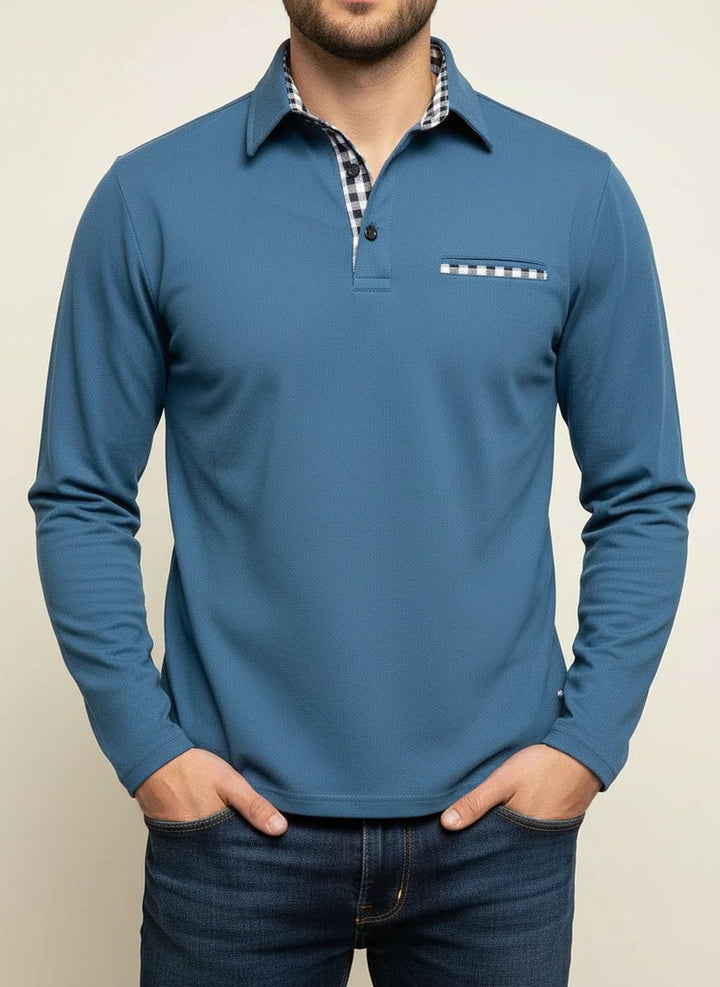 Harry | Men's Long Sleeve Henley Polo Shirt Check Trim Pocket