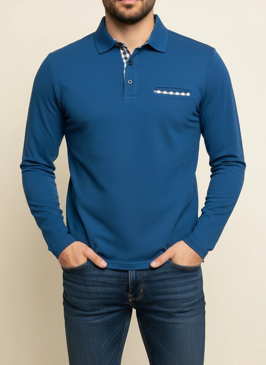 Harry | Men's Long Sleeve Henley Polo Shirt Check Trim Pocket