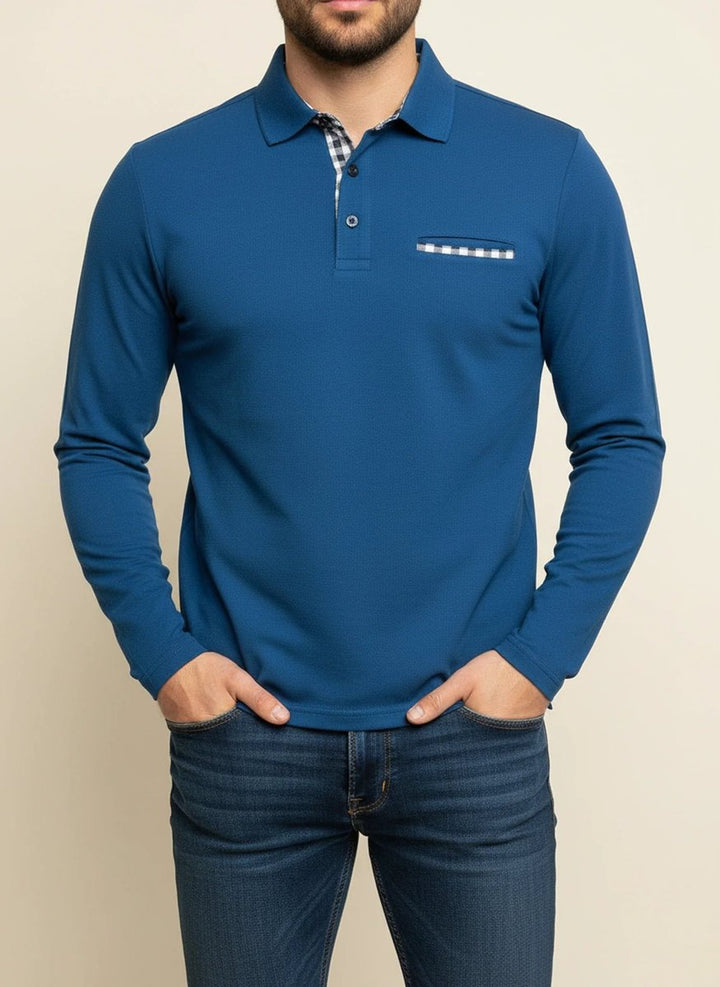 Harry | Men's Long Sleeve Henley Polo Shirt Check Trim Pocket