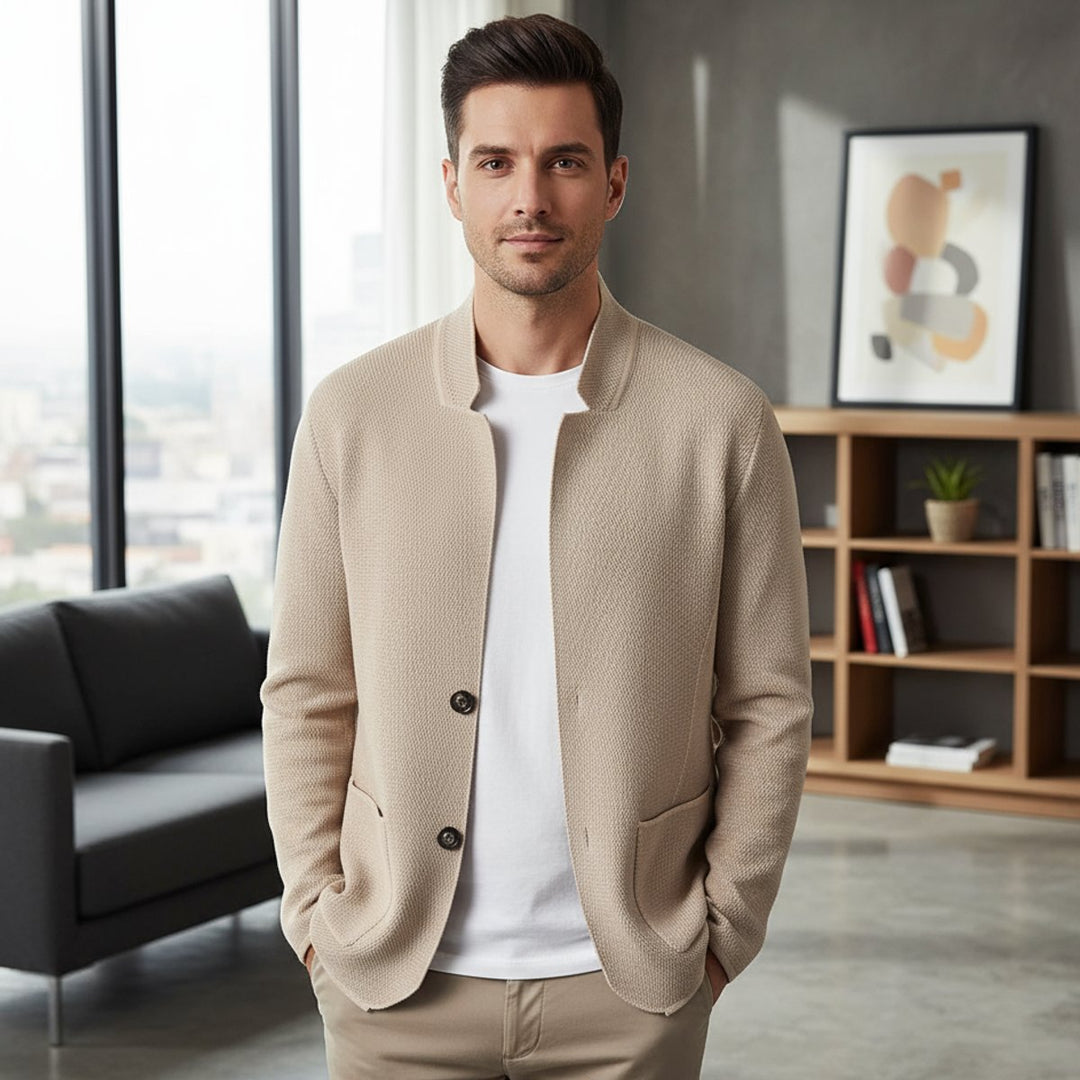 Archie | Mens Collarless Wool Blend Knit Jacket Tailored Cardigan Coat