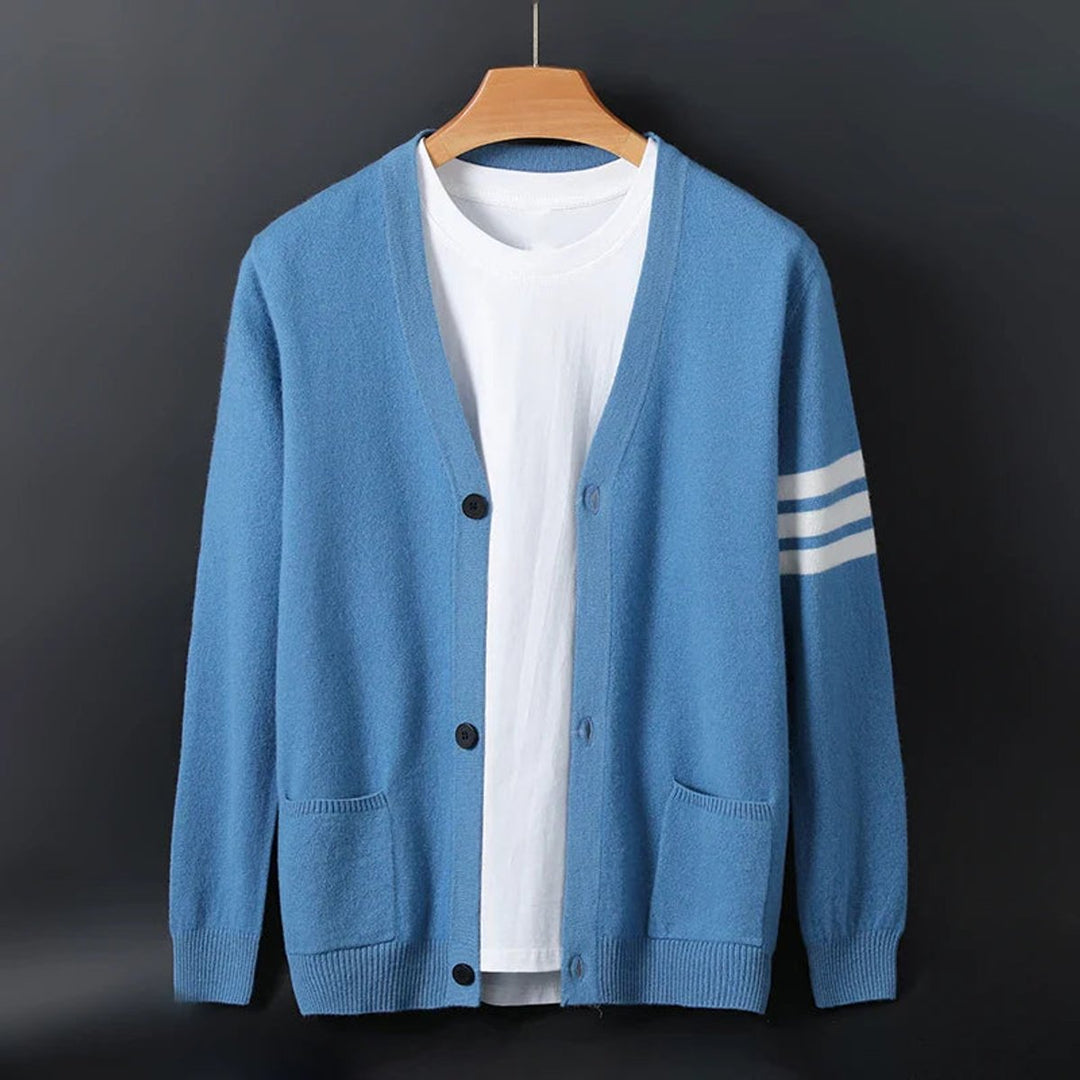 Noah | Men's Collegiate Striped-Sleeve V-Neck Knitted Cardigan Jumper