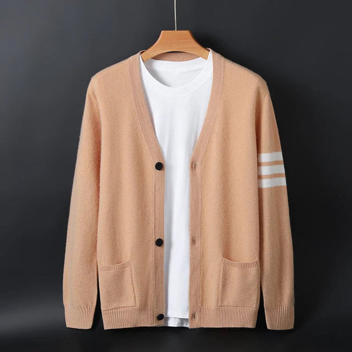 Noah | Men's Collegiate Striped-Sleeve V-Neck Knitted Cardigan Jumper
