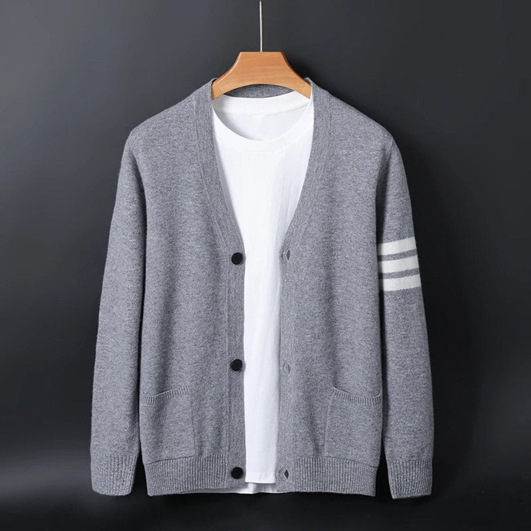 Noah | Men's Collegiate Striped-Sleeve V-Neck Knitted Cardigan Jumper