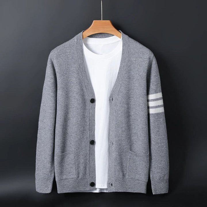 Noah | Men's Collegiate Striped-Sleeve V-Neck Knitted Cardigan Jumper