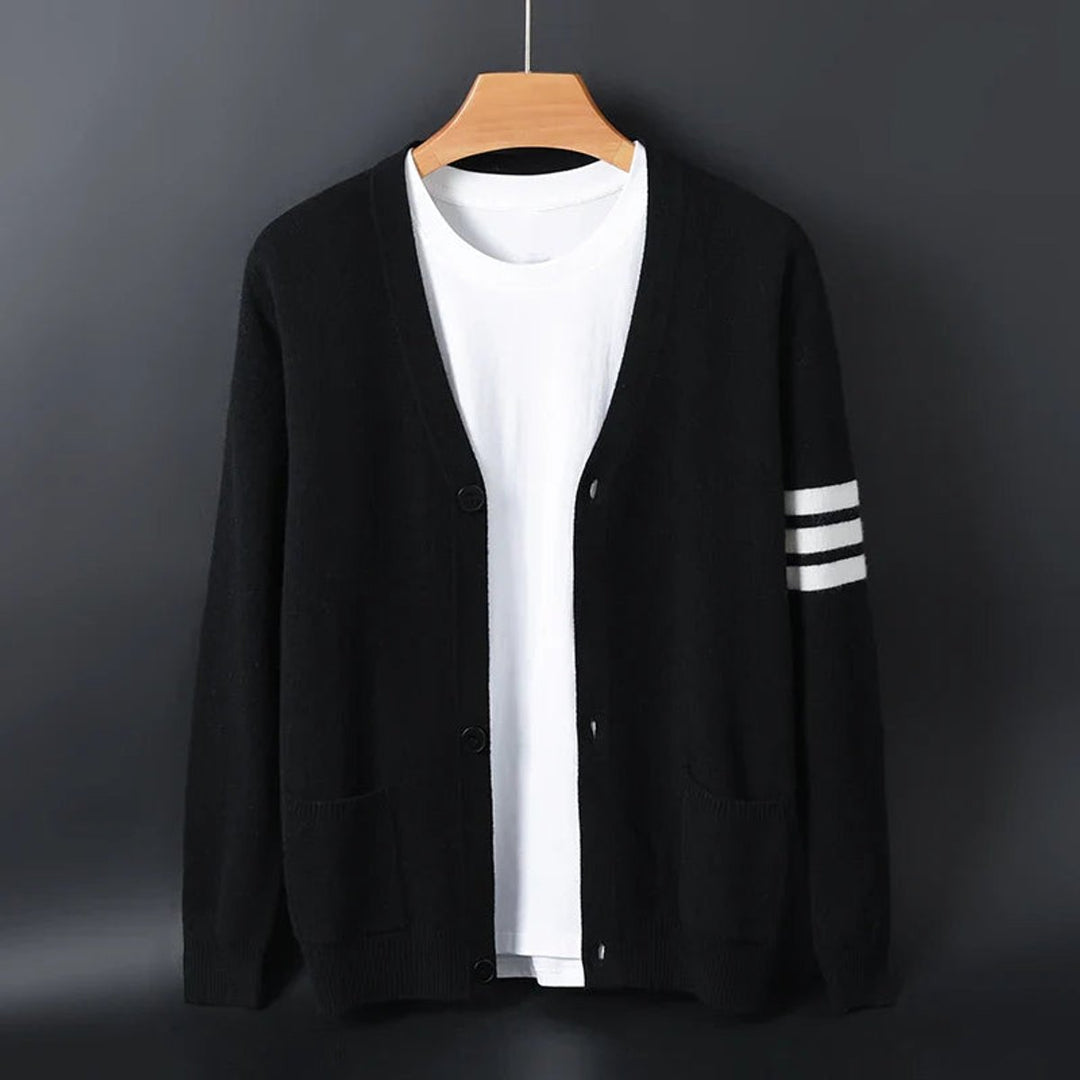 Noah | Men's Collegiate Striped-Sleeve V-Neck Knitted Cardigan Jumper
