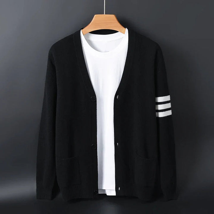 Noah | Men's Collegiate Striped-Sleeve V-Neck Knitted Cardigan Jumper