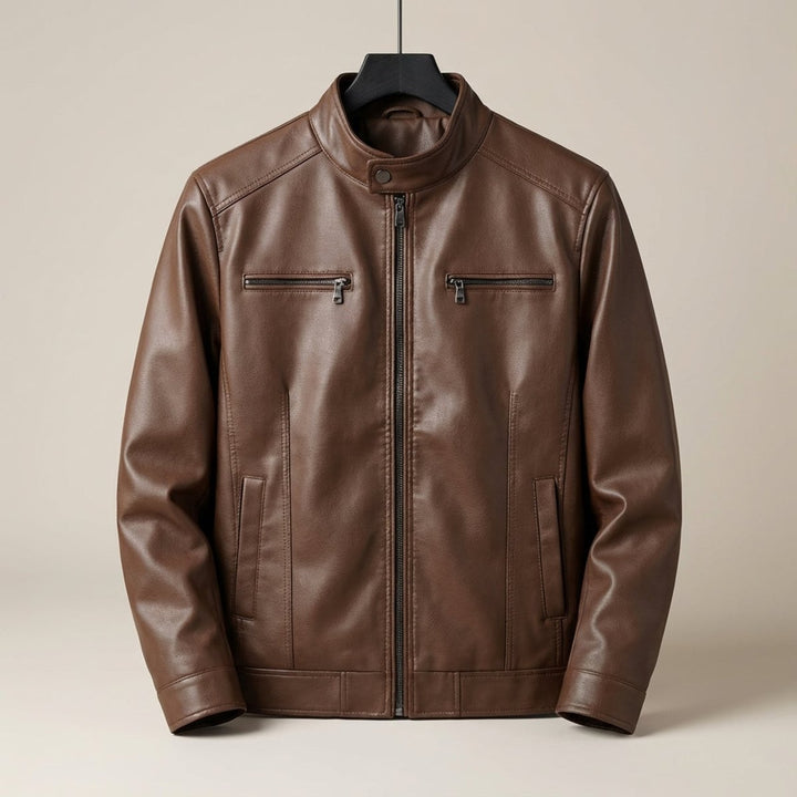William | Men's Cowhide-Style Leather Biker Jacket Stand Collar Zip