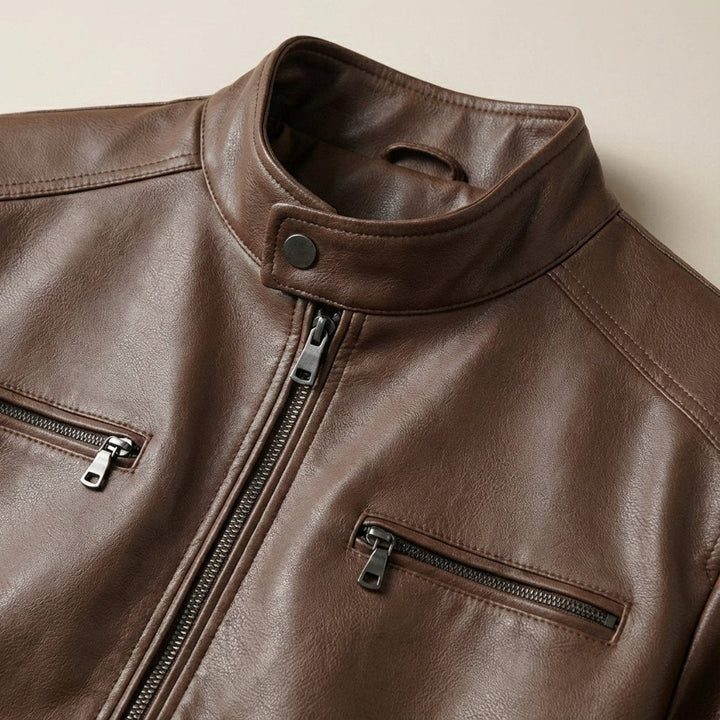 William | Men's Cowhide-Style Leather Biker Jacket Stand Collar Zip