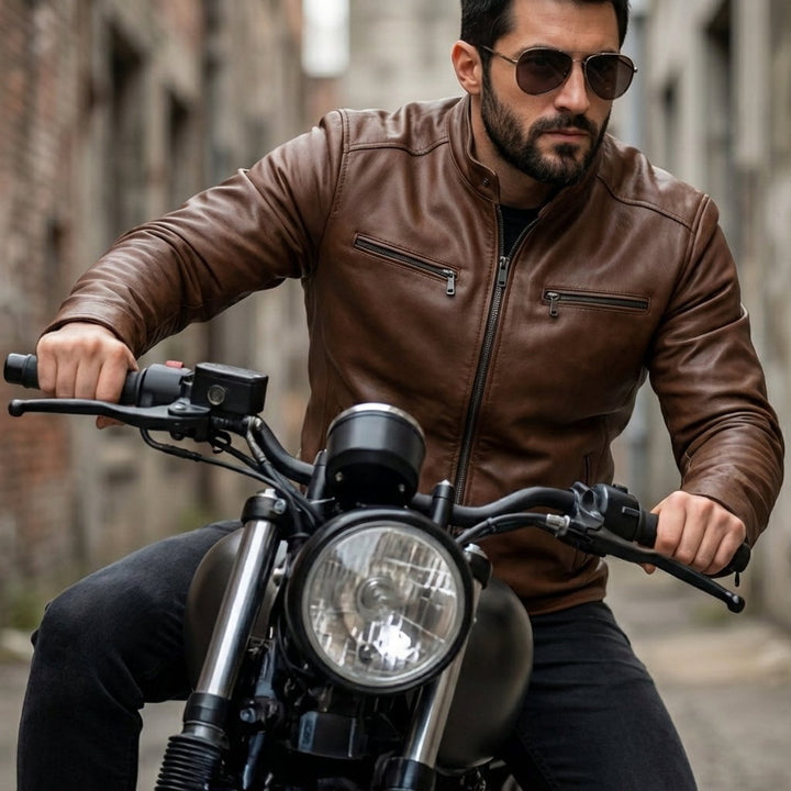 William | Men's Cowhide-Style Leather Biker Jacket Stand Collar Zip