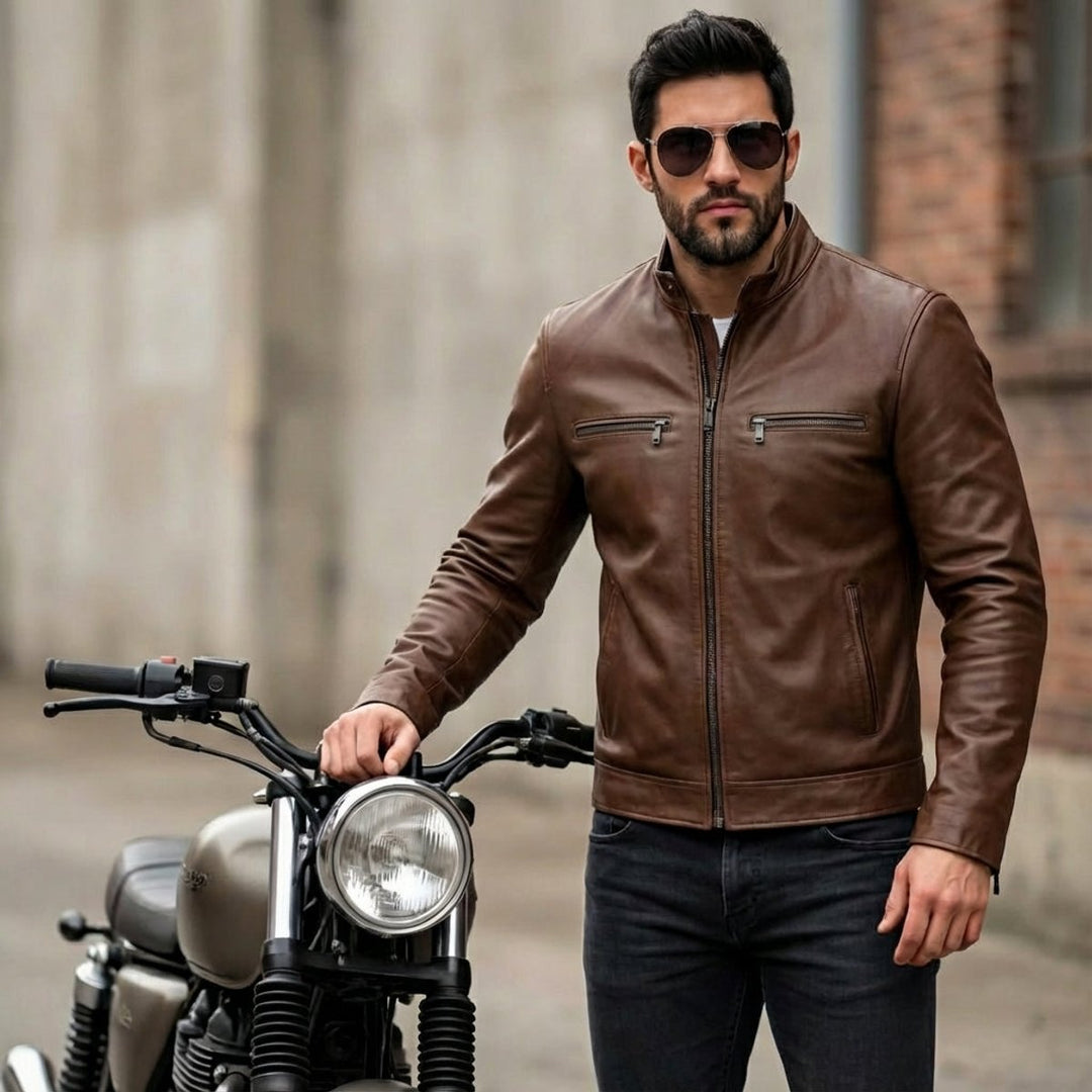 William | Men's Cowhide-Style Leather Biker Jacket Stand Collar Zip