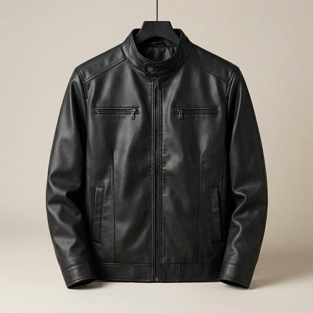 William | Men's Cowhide-Style Leather Biker Jacket Stand Collar Zip