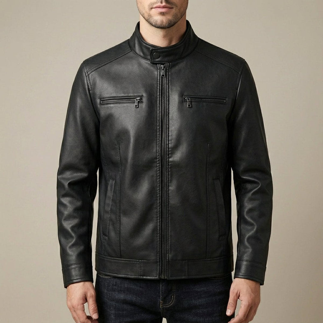 William | Men's Cowhide-Style Leather Biker Jacket Stand Collar Zip