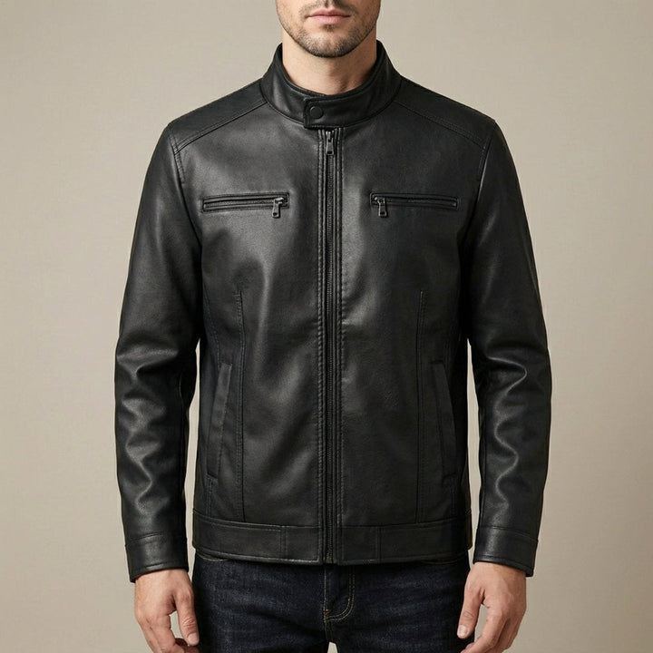 William | Men's Cowhide-Style Leather Biker Jacket Stand Collar Zip