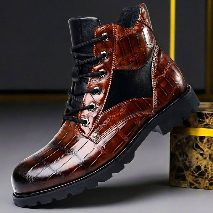 George | Men's Croc-Embossed Leather Ankle Boots Lace-Up