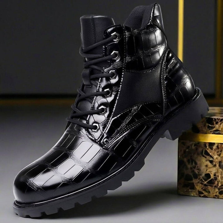 George | Men's Croc-Embossed Leather Ankle Boots Lace-Up