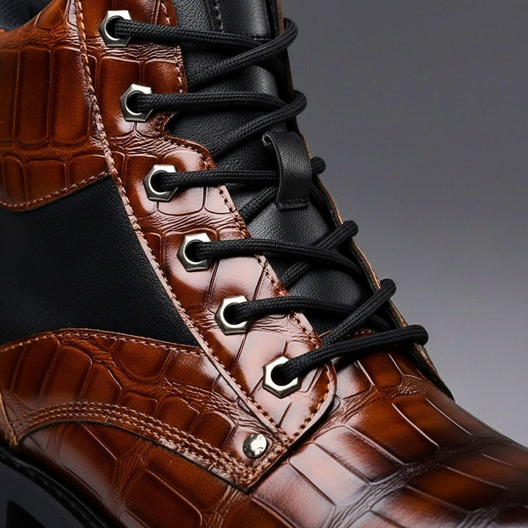 George | Men's Croc-Embossed Leather Ankle Boots Lace-Up