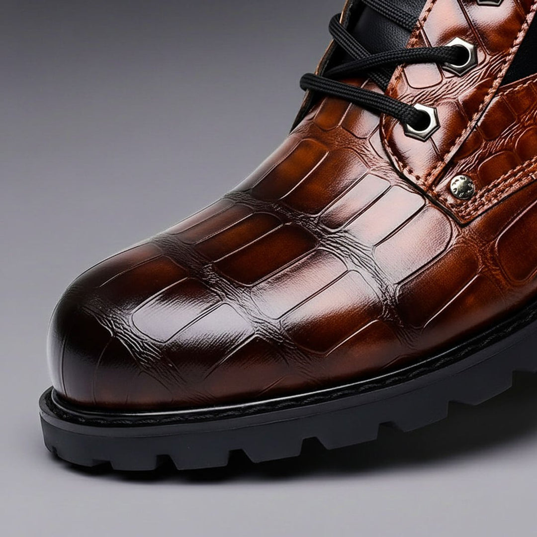 George | Men's Croc-Embossed Leather Ankle Boots Lace-Up