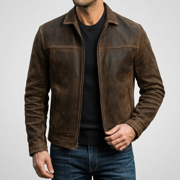 Noah | Men's Distressed Genuine Leather Bomber Jacket Zip-Up Coat
