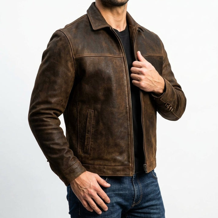 Noah | Men's Distressed Genuine Leather Bomber Jacket Zip-Up Coat