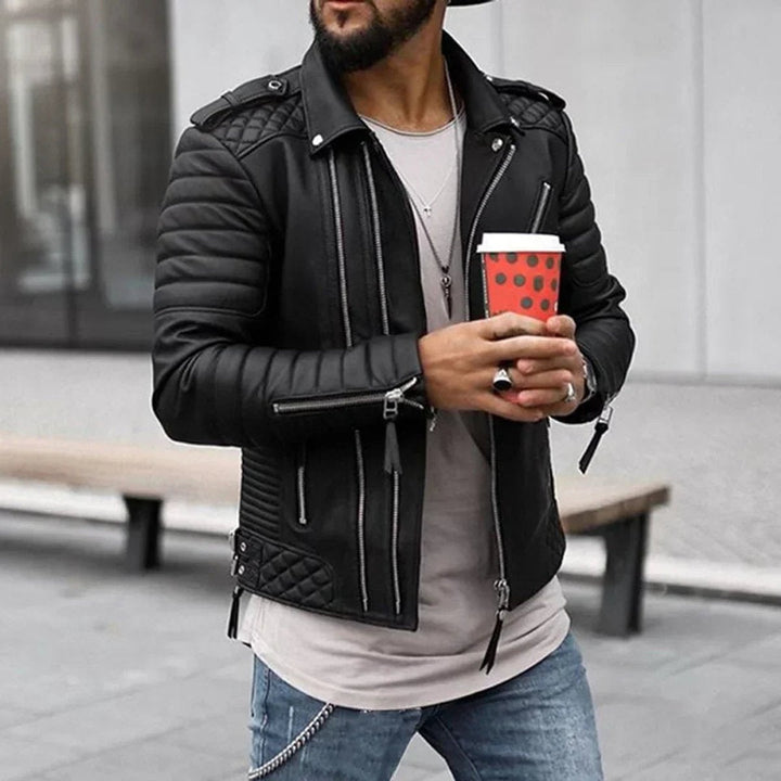 Alfie | Men's Faux Leather Biker Jacket Quilted Shoulder Zip-Up